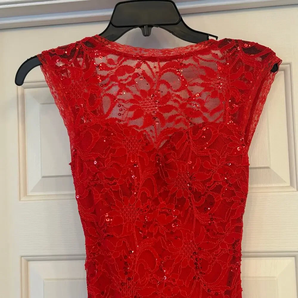 B Darlin Red Lace Sequin Prom Dress - Picture 6 of 10